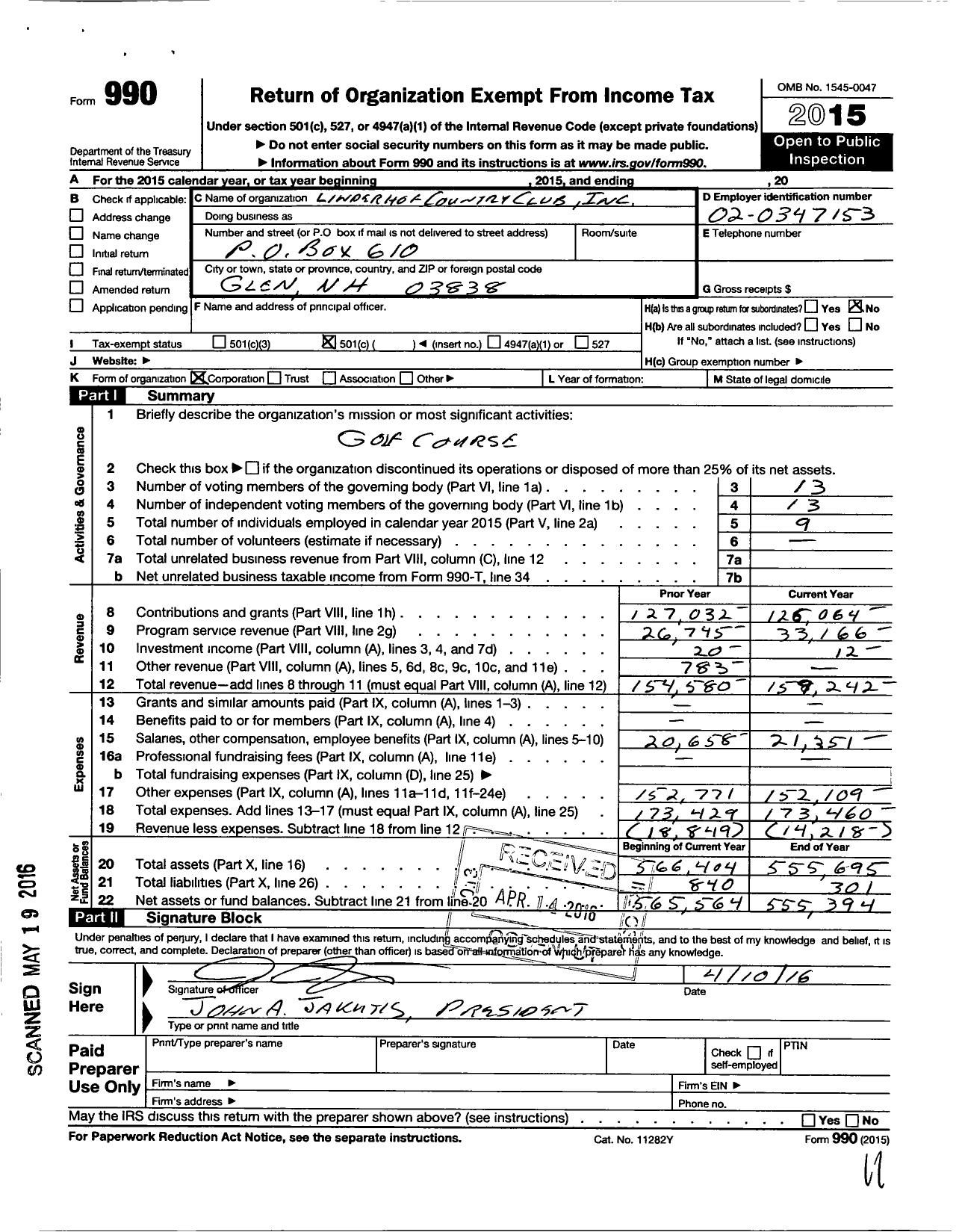 Image of first page of 2015 Form 990O for Linderhof Country Club