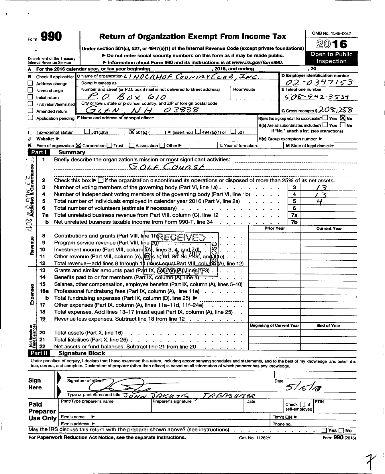 Image of first page of 2016 Form 990O for Linderhof Country Club