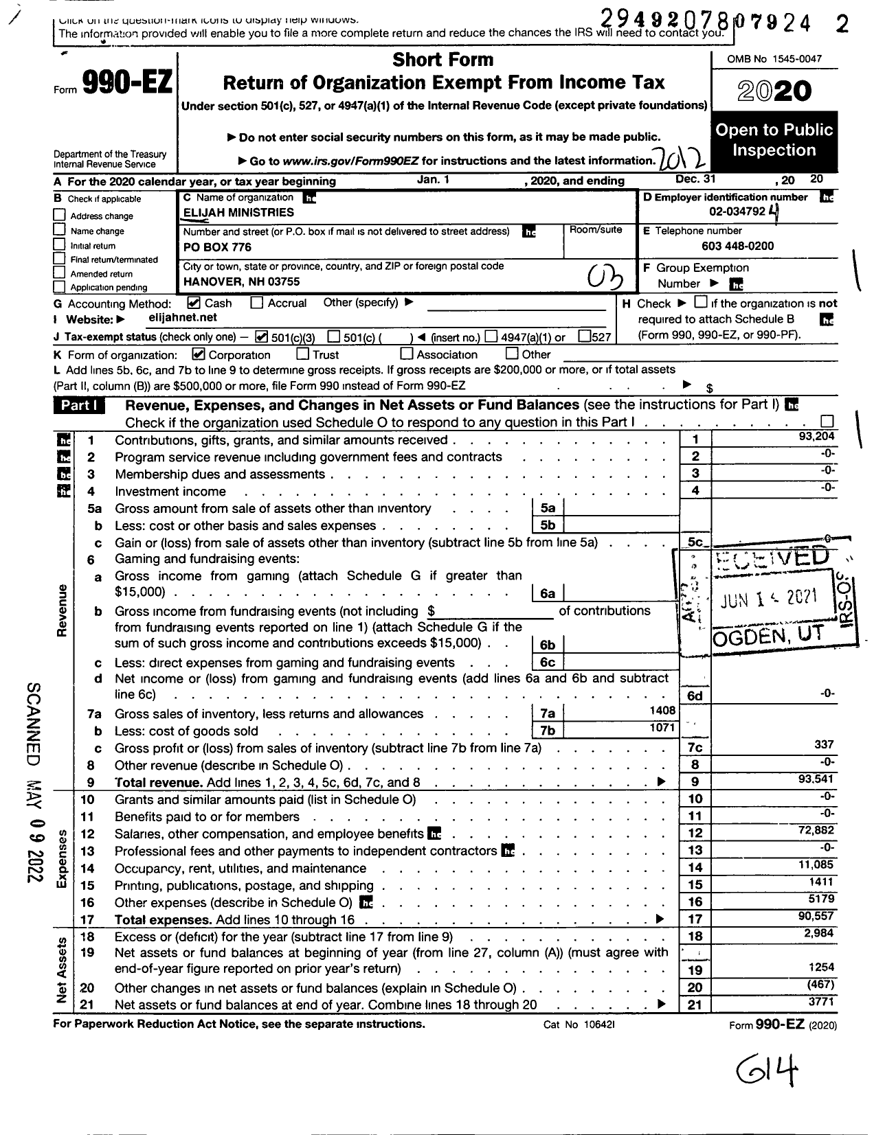 Image of first page of 2020 Form 990EZ for Elijah Ministries