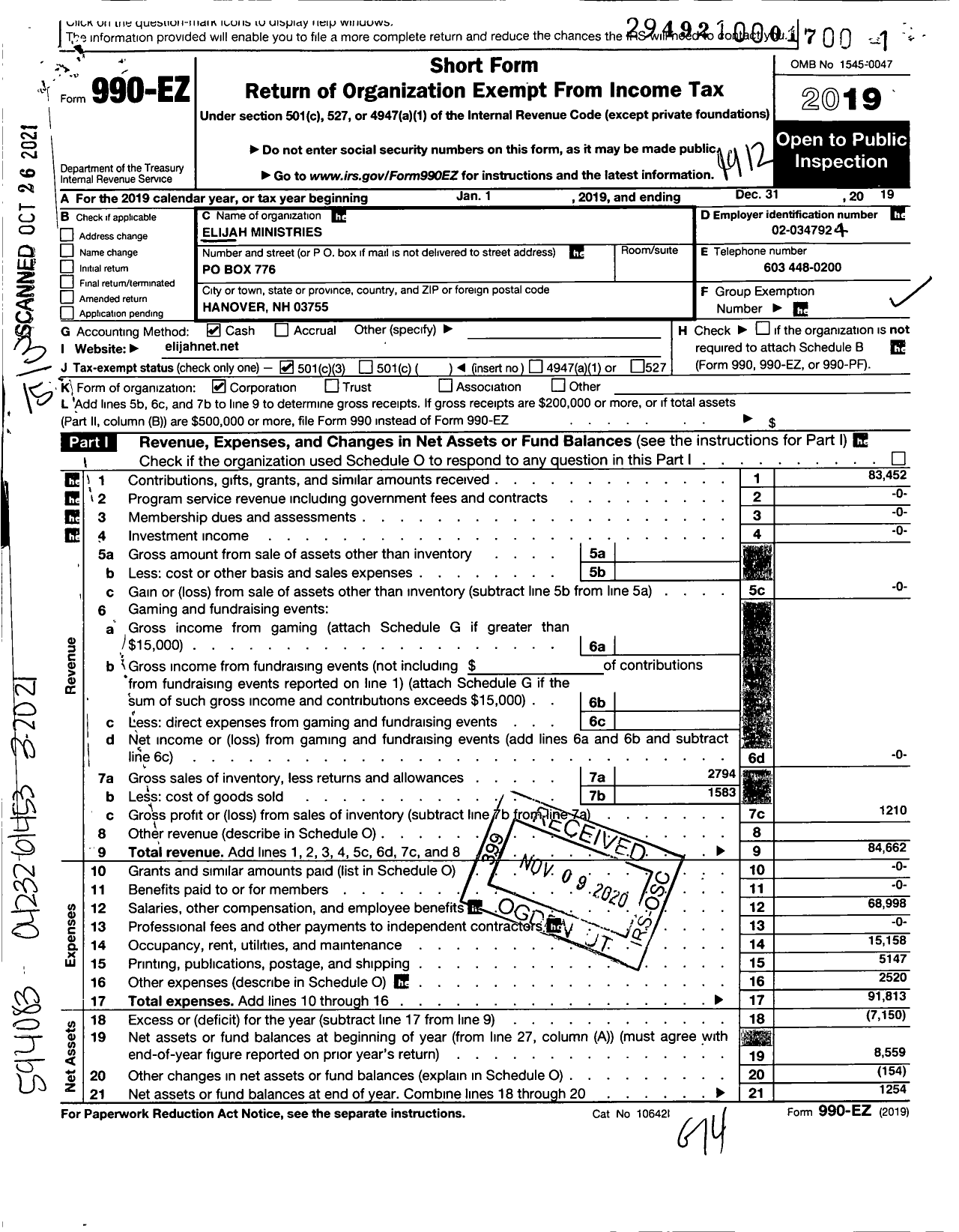 Image of first page of 2019 Form 990EZ for Elijah Ministries