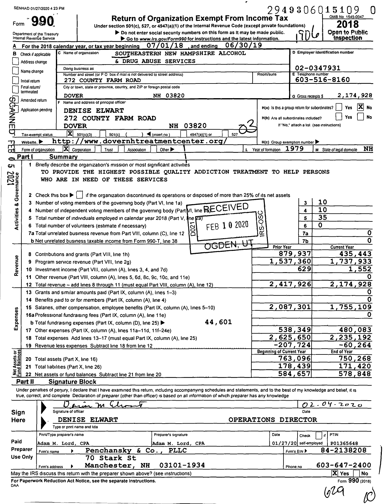 Image of first page of 2018 Form 990 for Southeastern New Hampshire Alcohol and Drug Abuse Services