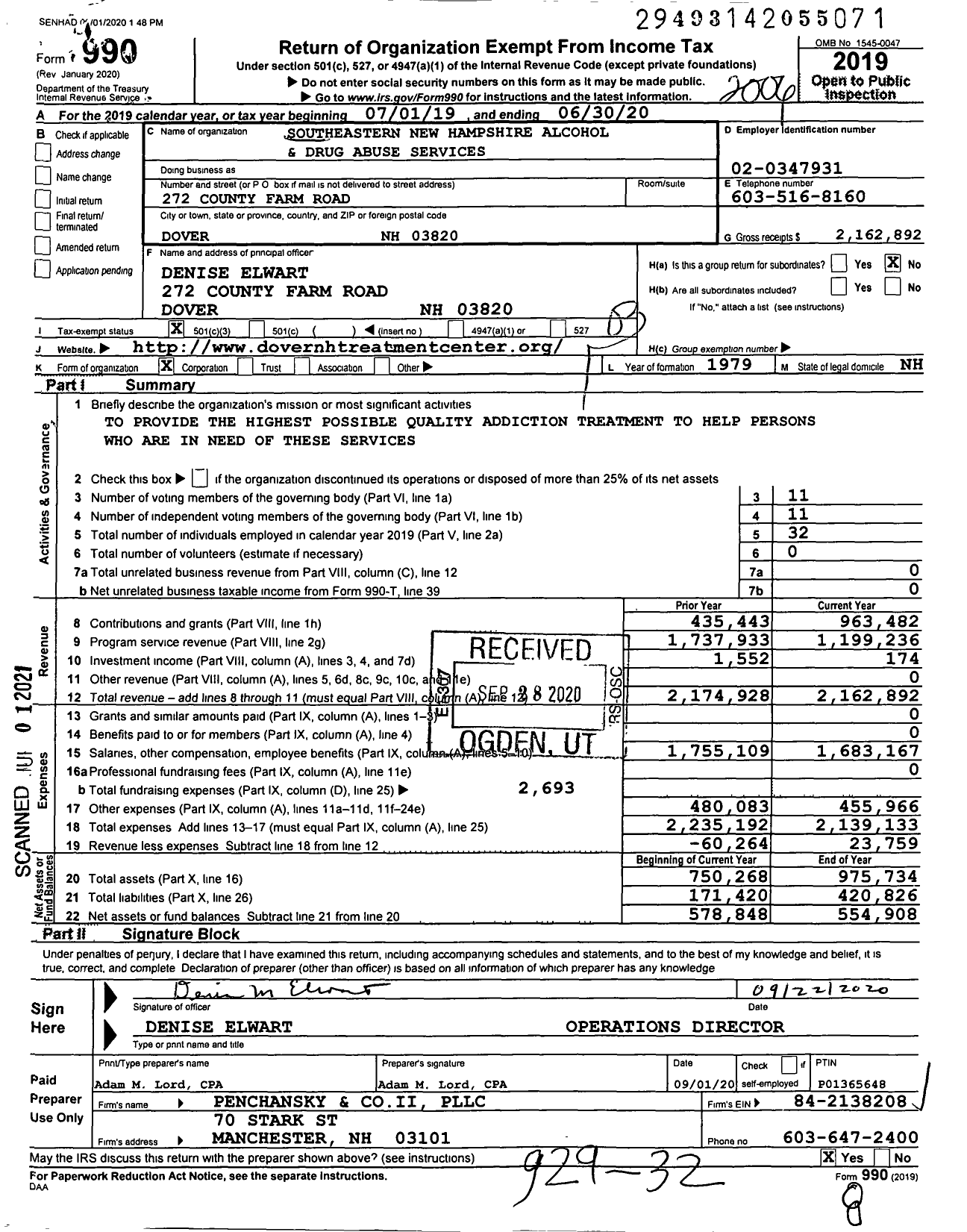 Image of first page of 2019 Form 990 for Southeastern New Hampshire Alcohol and Drug Abuse Services