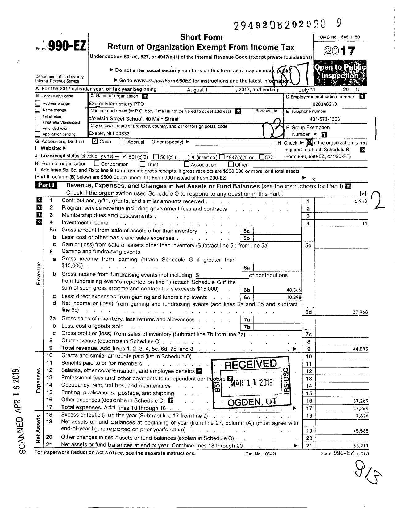 Image of first page of 2017 Form 990EZ for Exeter Elementary Pto