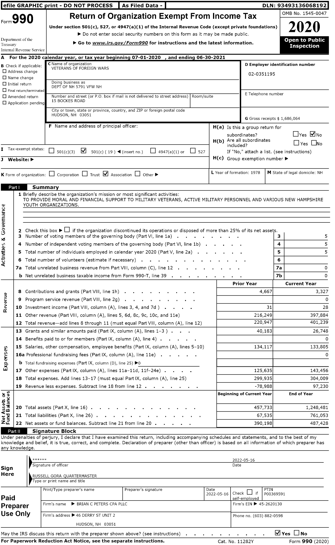 Image of first page of 2020 Form 990O for Veterans of Foreign Wars Department of New Hampshire - 5791 VFW NH