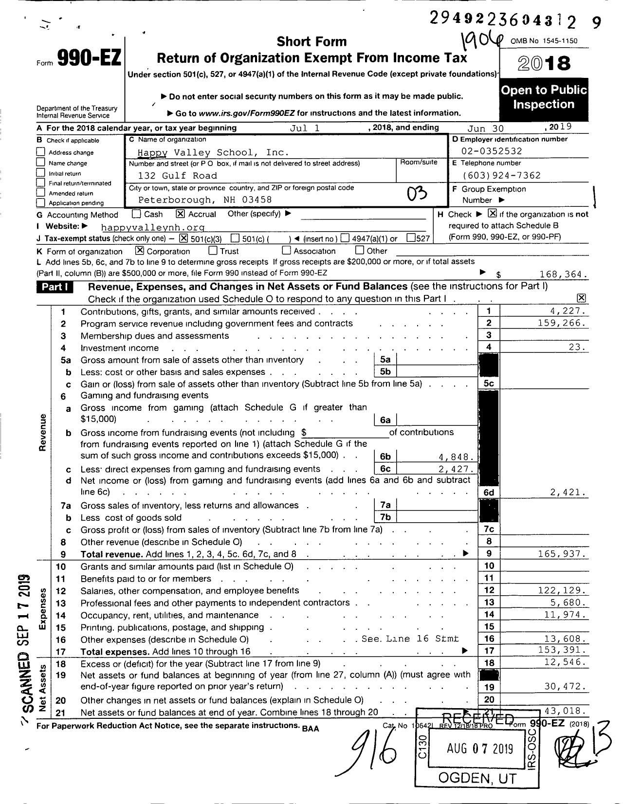 Image of first page of 2018 Form 990EZ for Happy Valley School