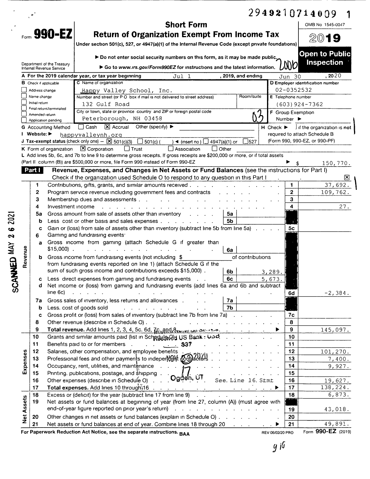 Image of first page of 2019 Form 990EZ for Happy Valley School