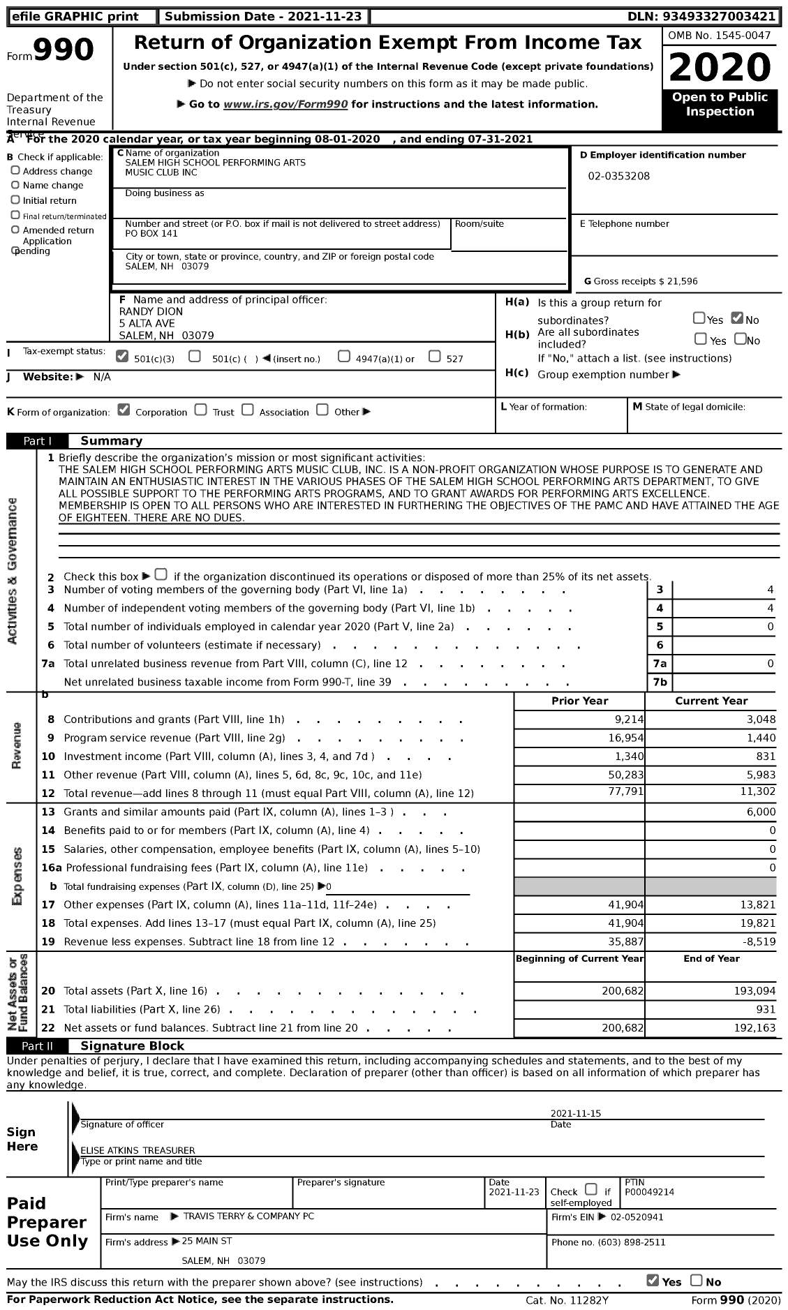 Image of first page of 2020 Form 990 for Salem High School Performing Arts Music Club