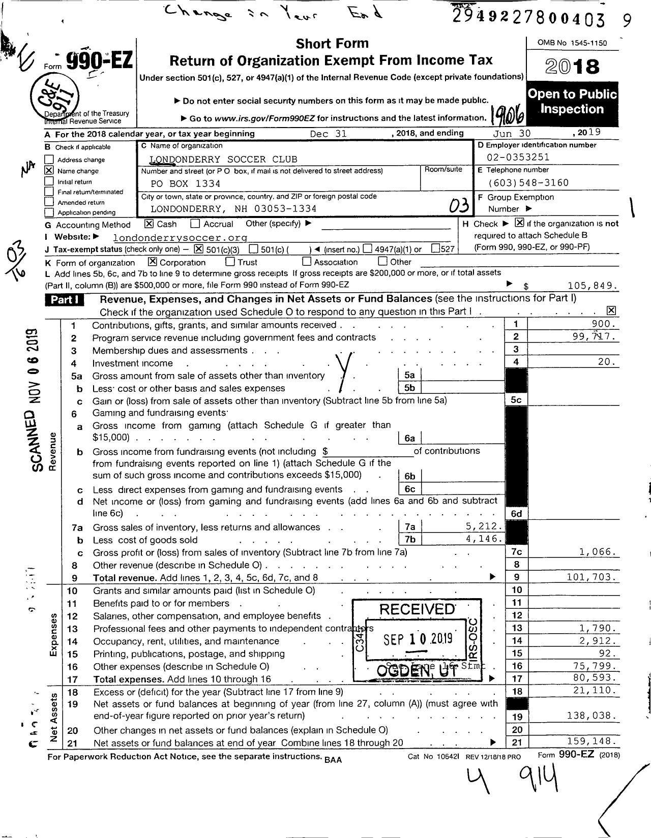 Image of first page of 2018 Form 990EZ for Londonderry Soccer Club