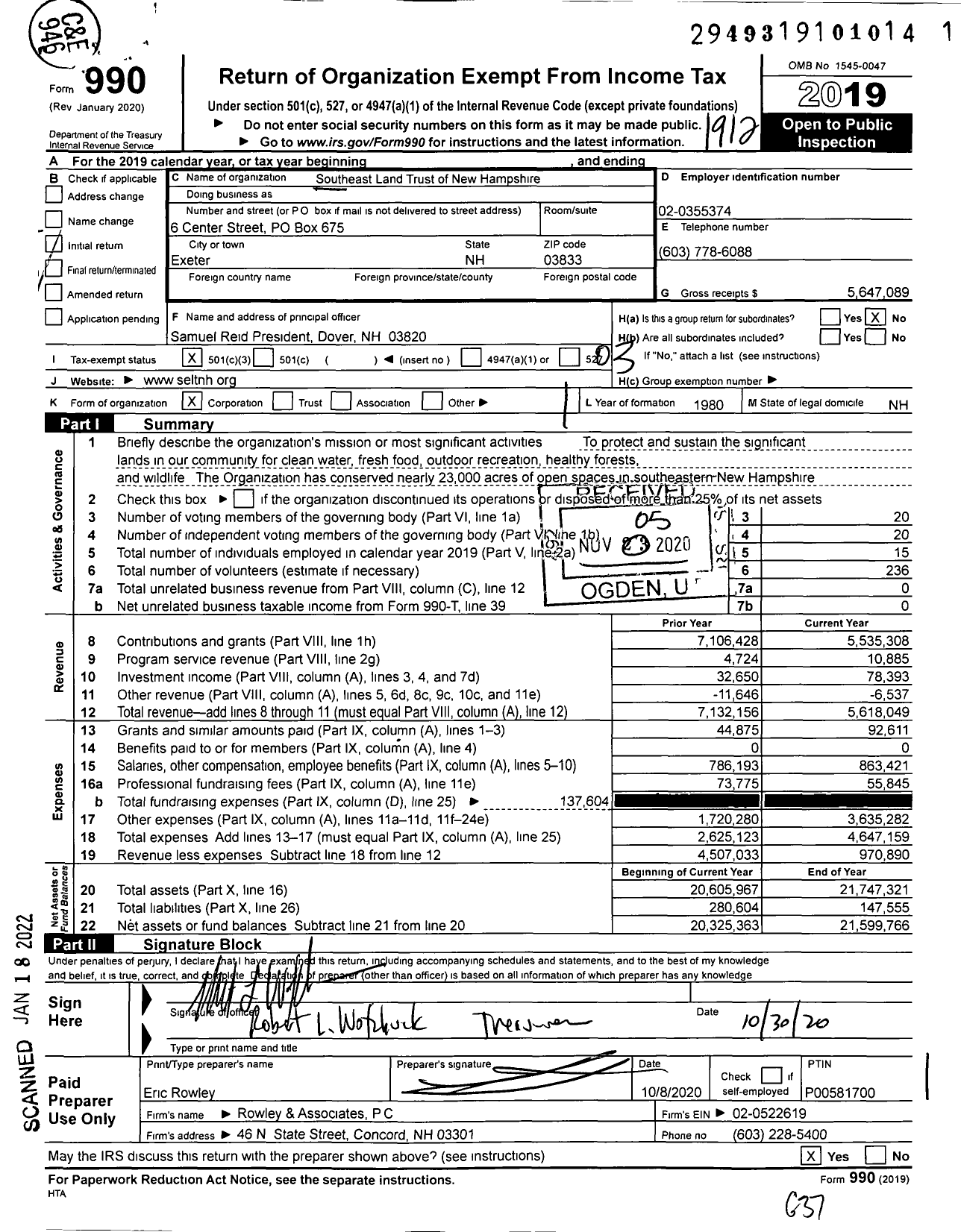 Image of first page of 2019 Form 990 for Southeast Land Trust of New Hampshire (SELT)