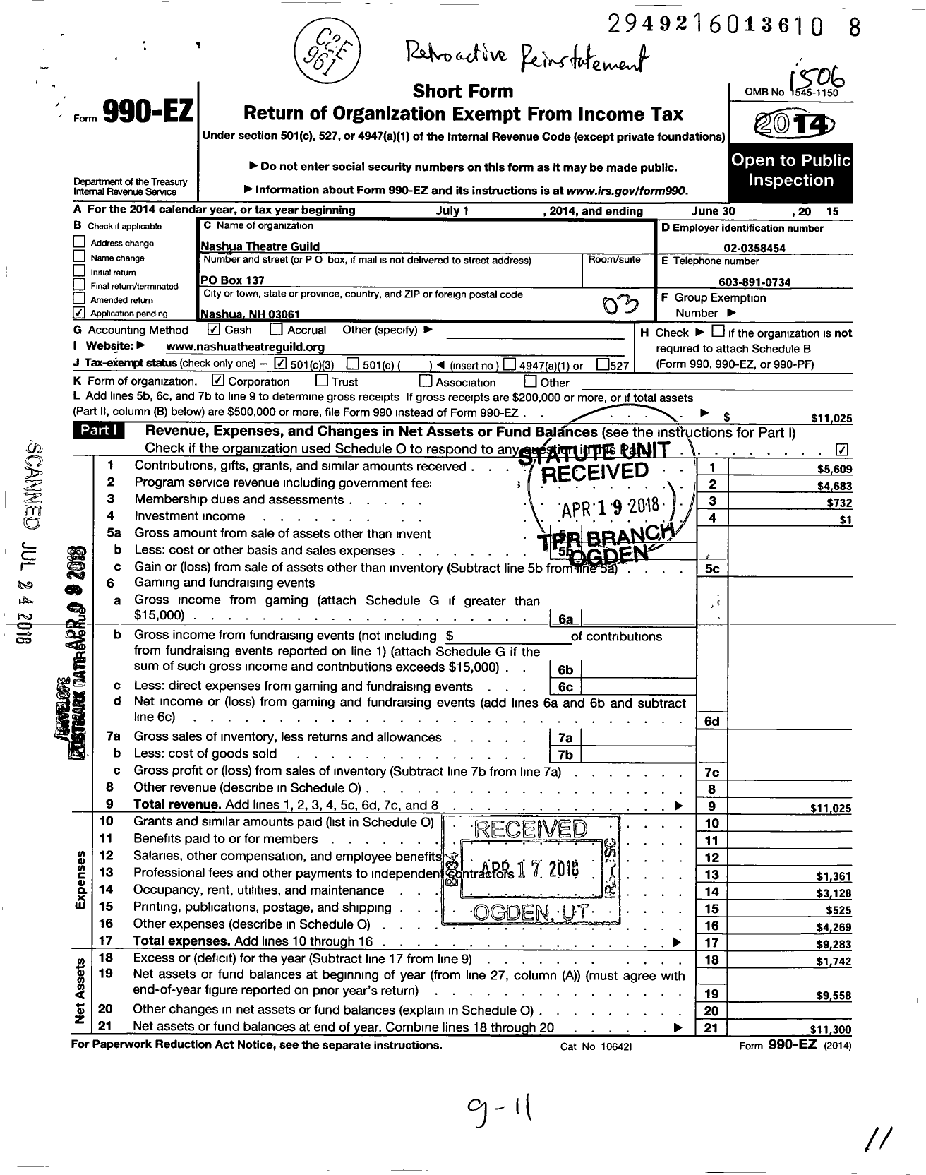 Image of first page of 2014 Form 990EZ for Nashua Theatre Guild