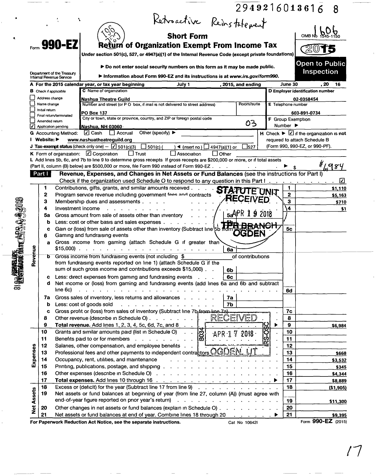 Image of first page of 2015 Form 990EZ for Nashua Theatre Guild