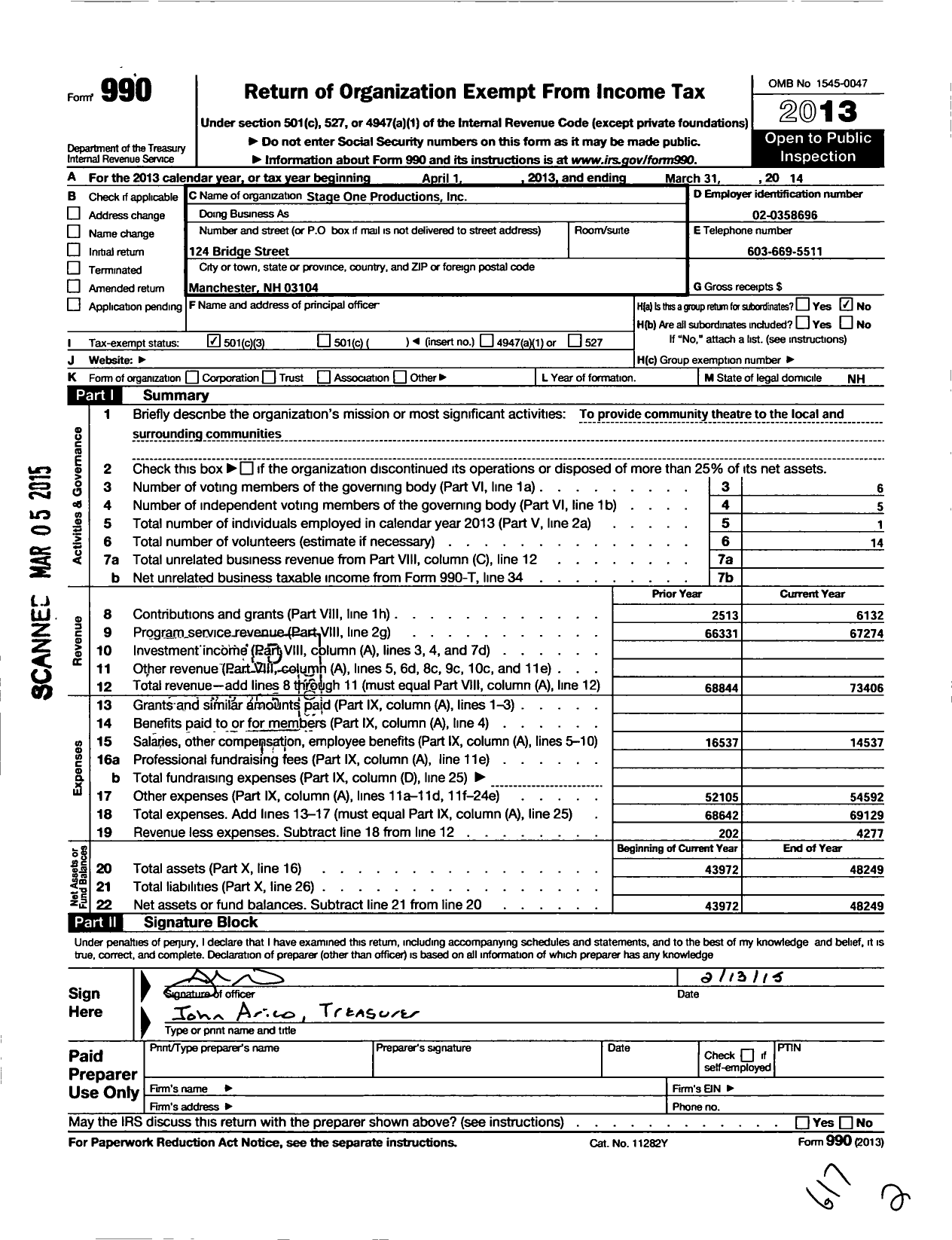 Image of first page of 2013 Form 990 for Stage One Productions