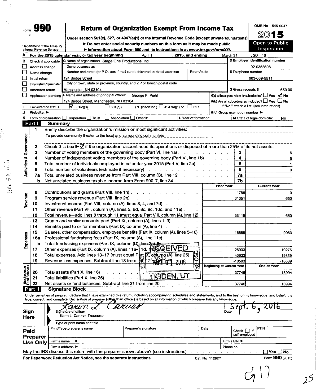 Image of first page of 2015 Form 990 for Stage One Productions