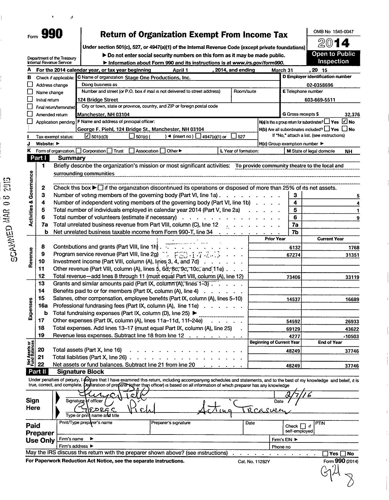 Image of first page of 2014 Form 990 for Stage One Productions