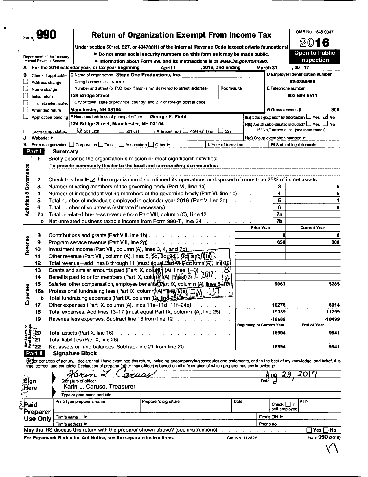 Image of first page of 2016 Form 990 for Stage One Productions