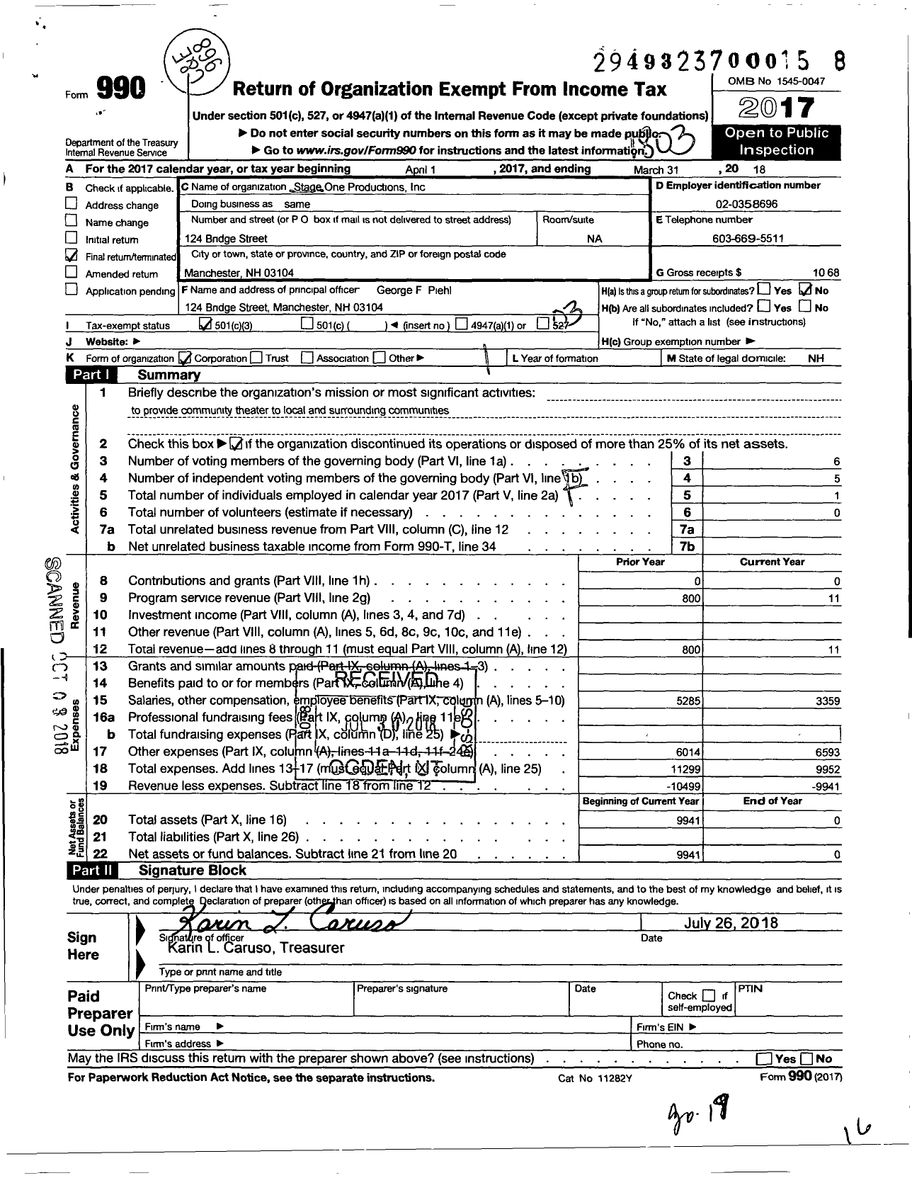 Image of first page of 2017 Form 990 for Stage One Productions