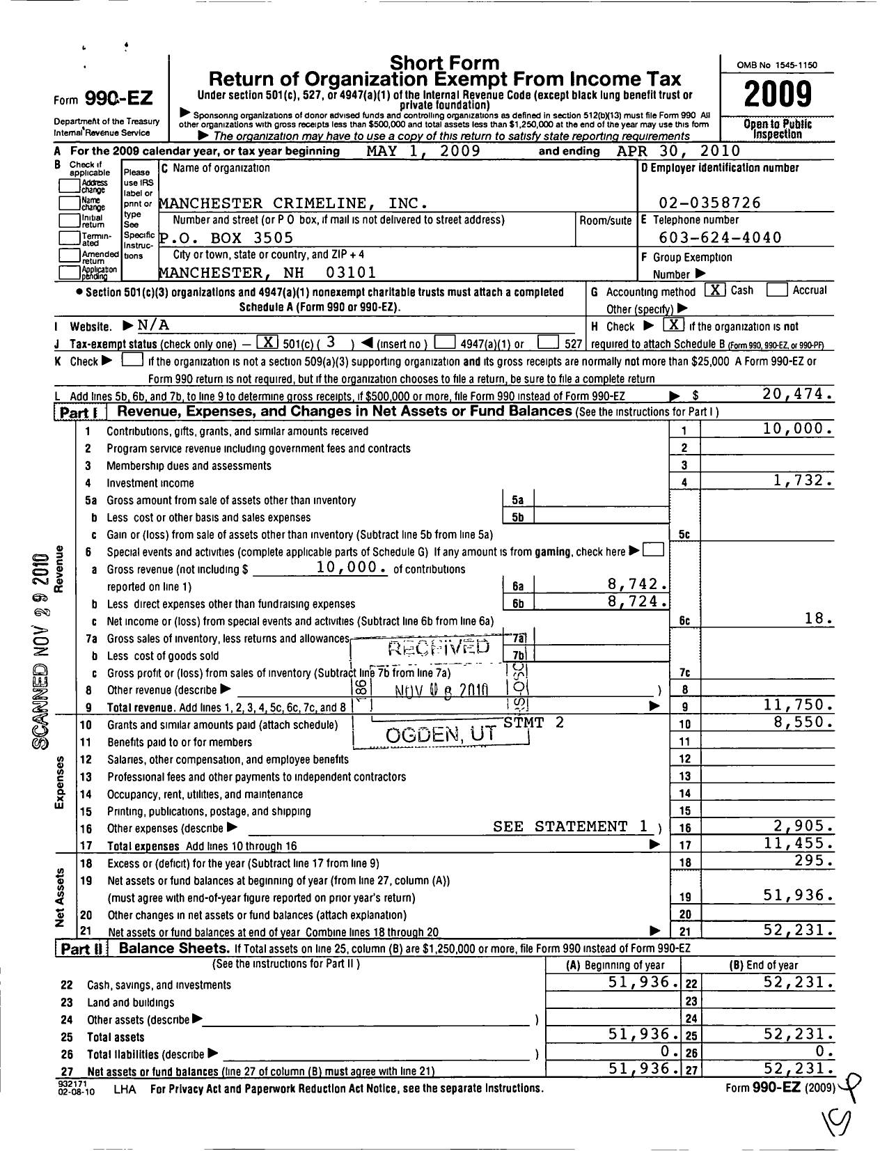 Image of first page of 2009 Form 990EZ for Manchester Crimeline