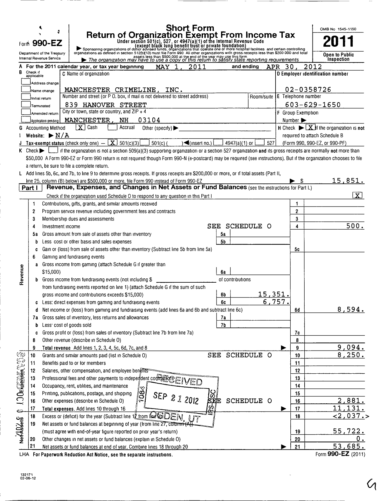 Image of first page of 2011 Form 990EZ for Manchester Crimeline