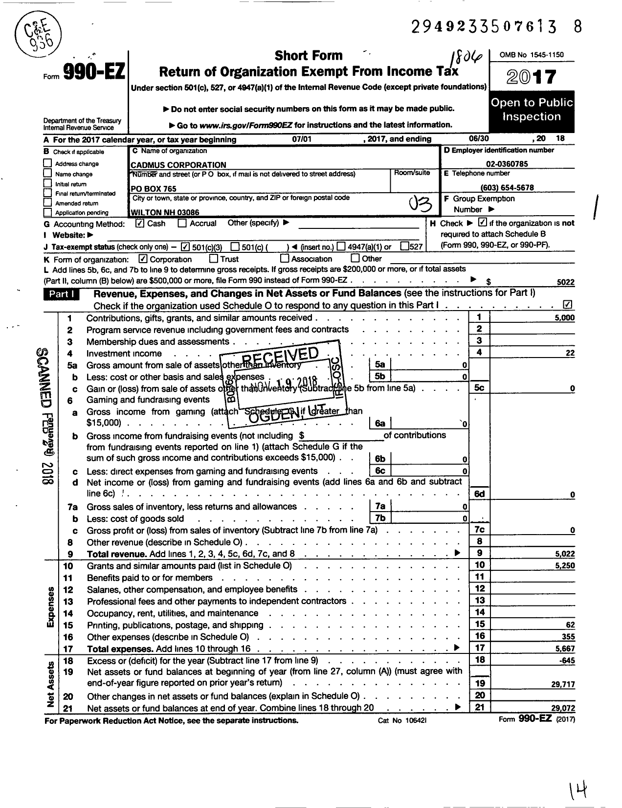 Image of first page of 2017 Form 990EZ for Cadmus Corporation