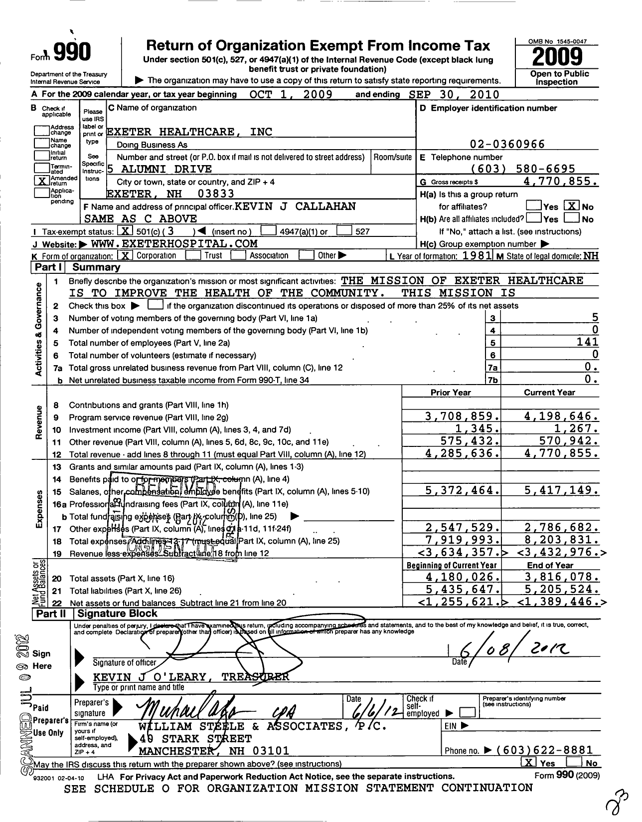 Image of first page of 2009 Form 990 for Exeter Healthcare