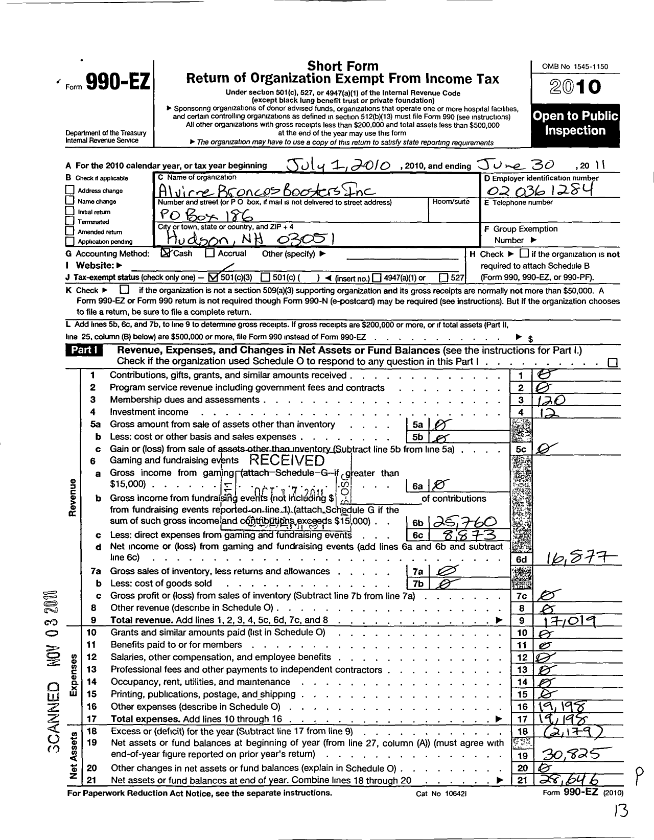 Image of first page of 2010 Form 990EZ for Alvirne Bronco Boosters