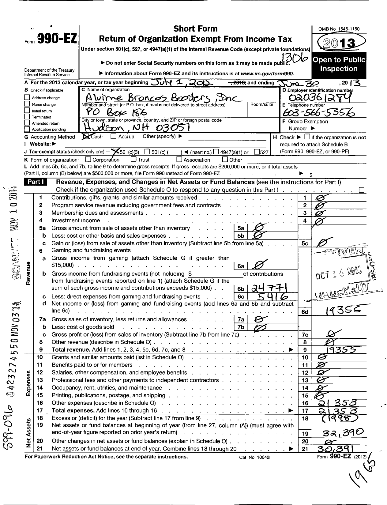 Image of first page of 2012 Form 990EZ for Alvirne Bronco Boosters