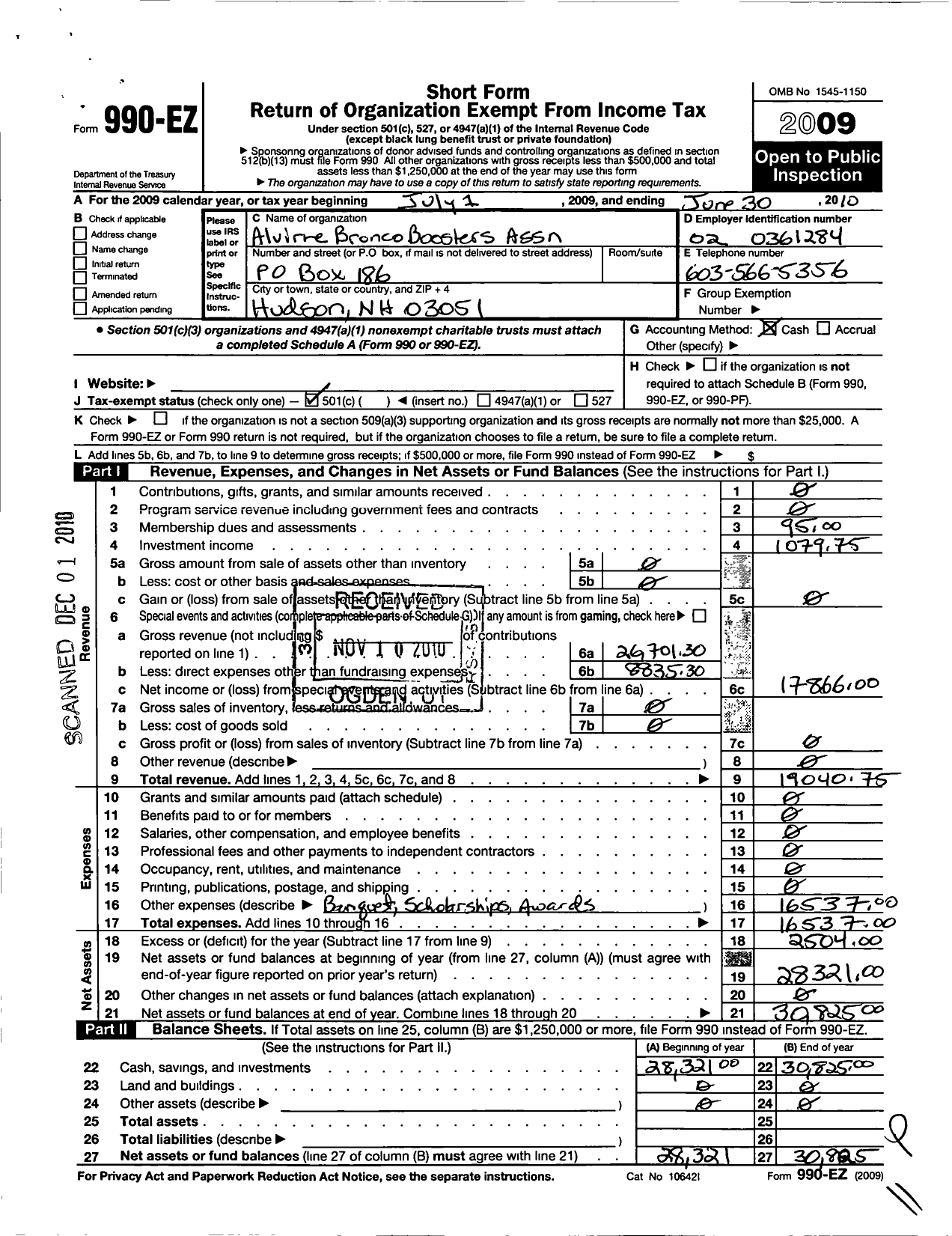 Image of first page of 2009 Form 990EO for Alvirne Bronco Boosters