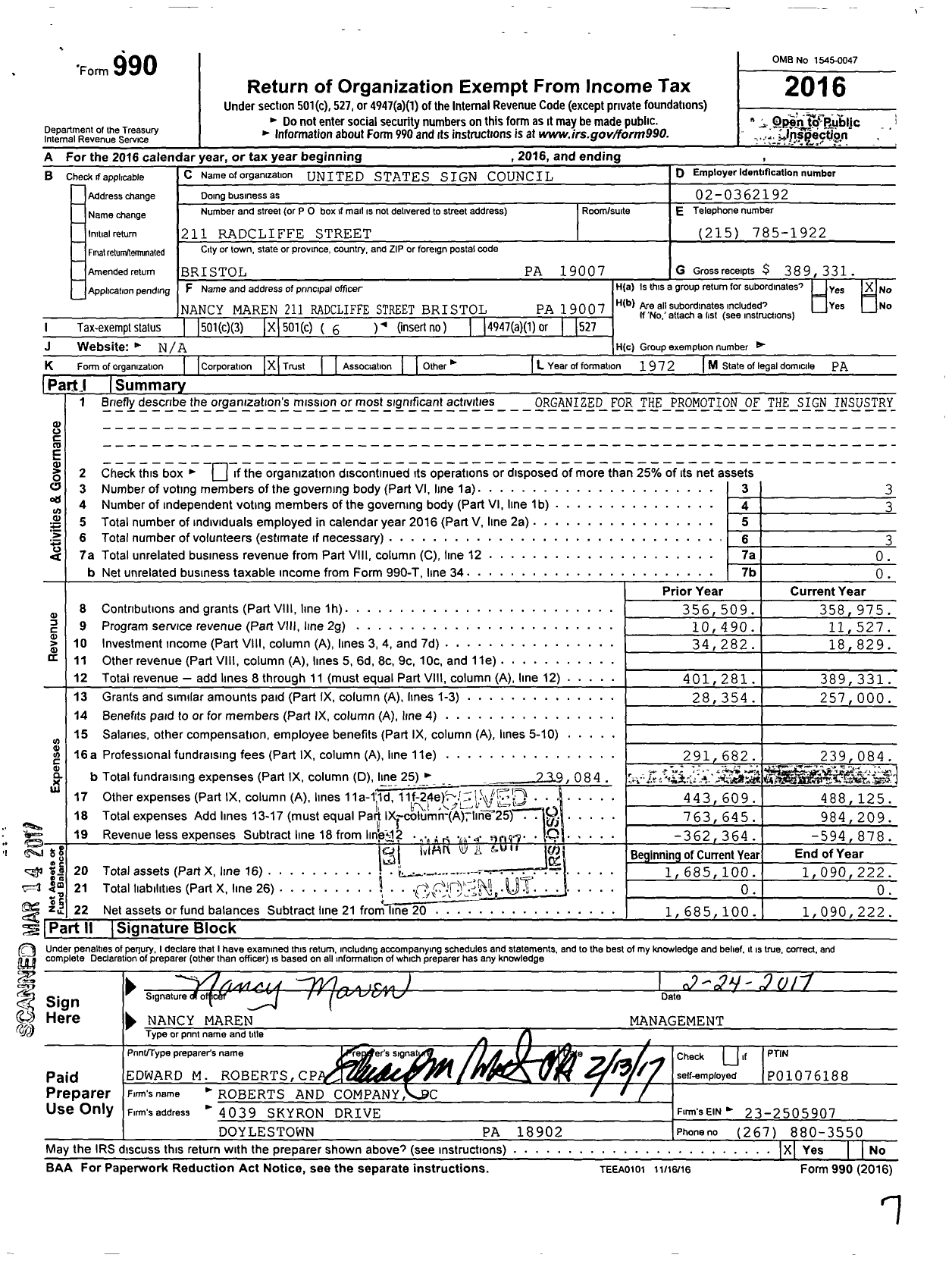 Image of first page of 2016 Form 990O for United States Sign Council