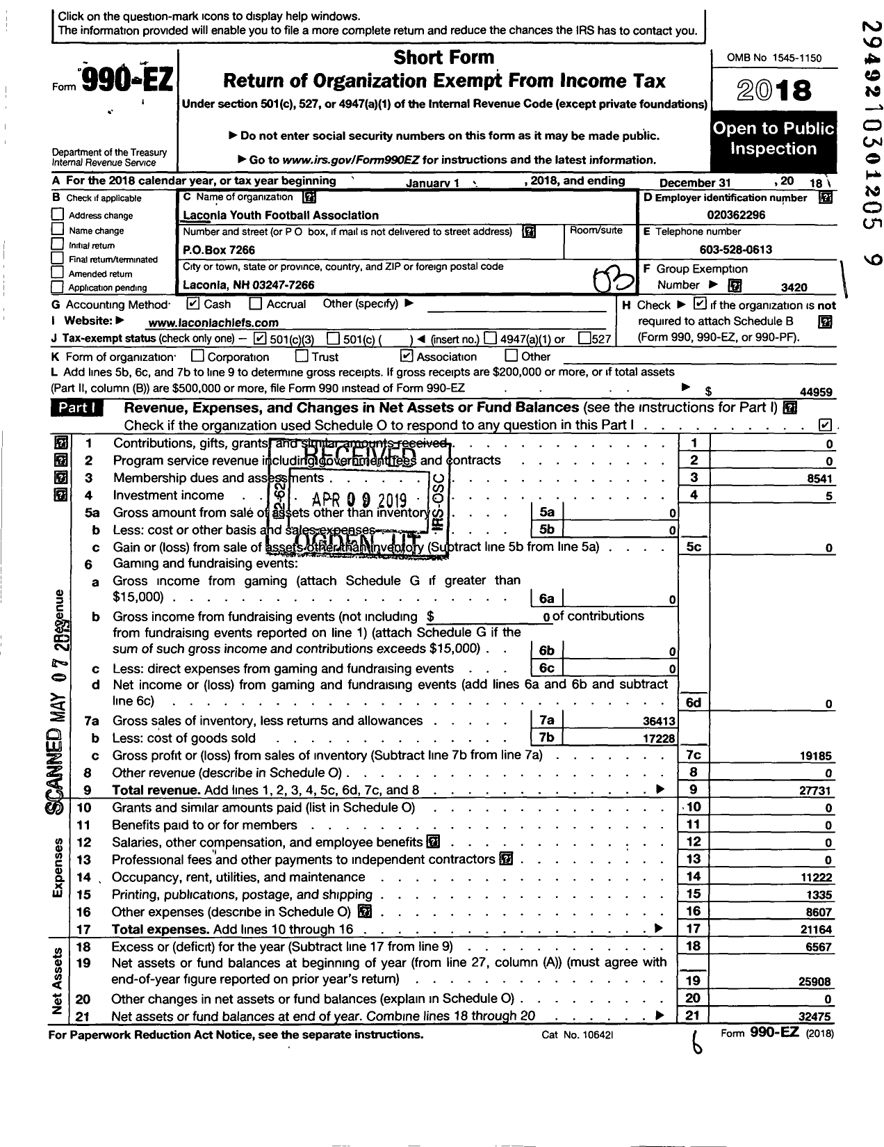 Image of first page of 2018 Form 990EZ for American Youth Football - Laconia Youth Football Association