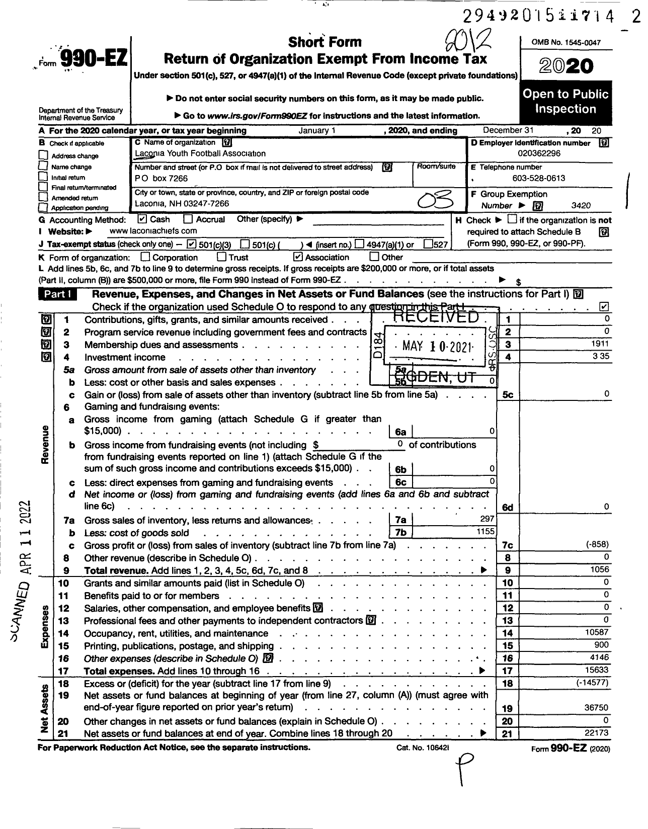 Image of first page of 2020 Form 990EZ for American Youth Football - Laconia Youth Football Association