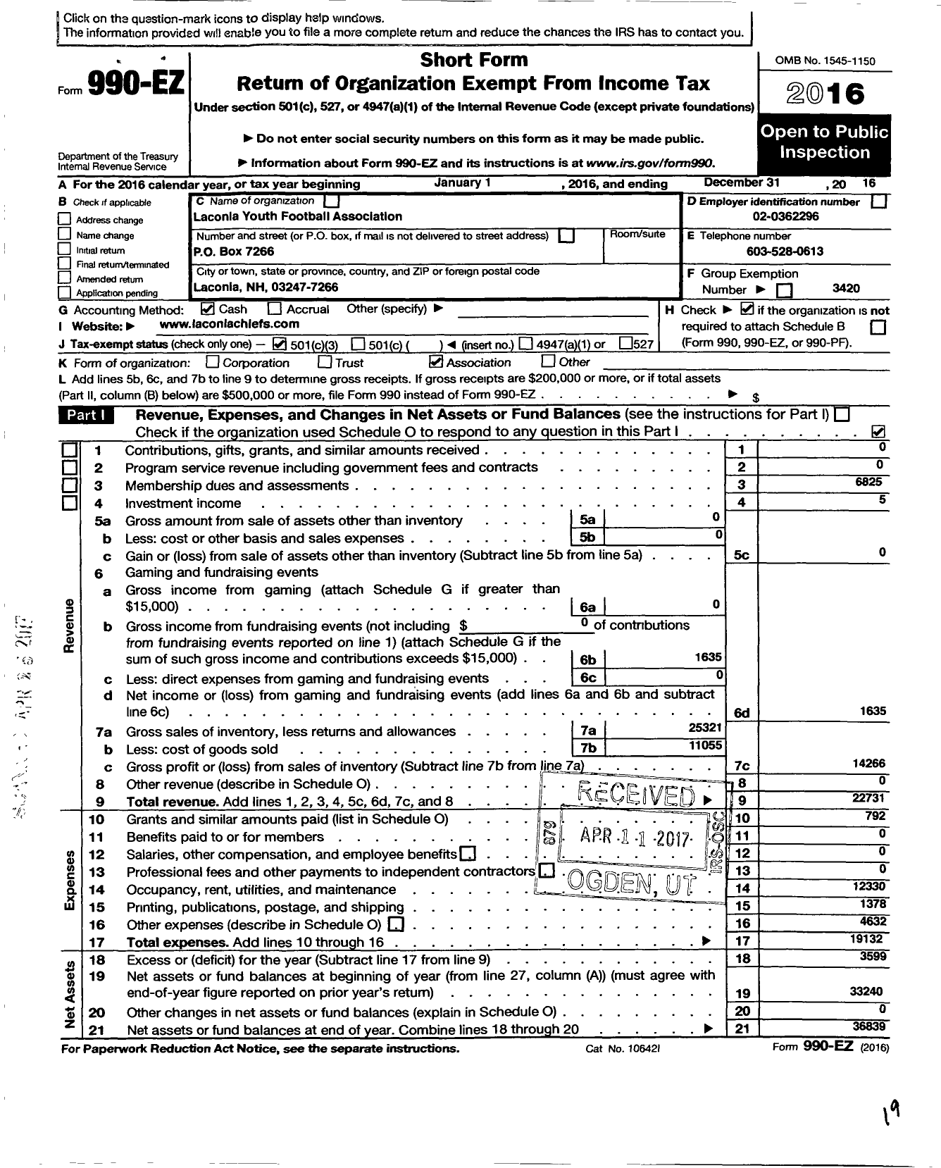 Image of first page of 2016 Form 990EZ for American Youth Football - Laconia Youth Football Association