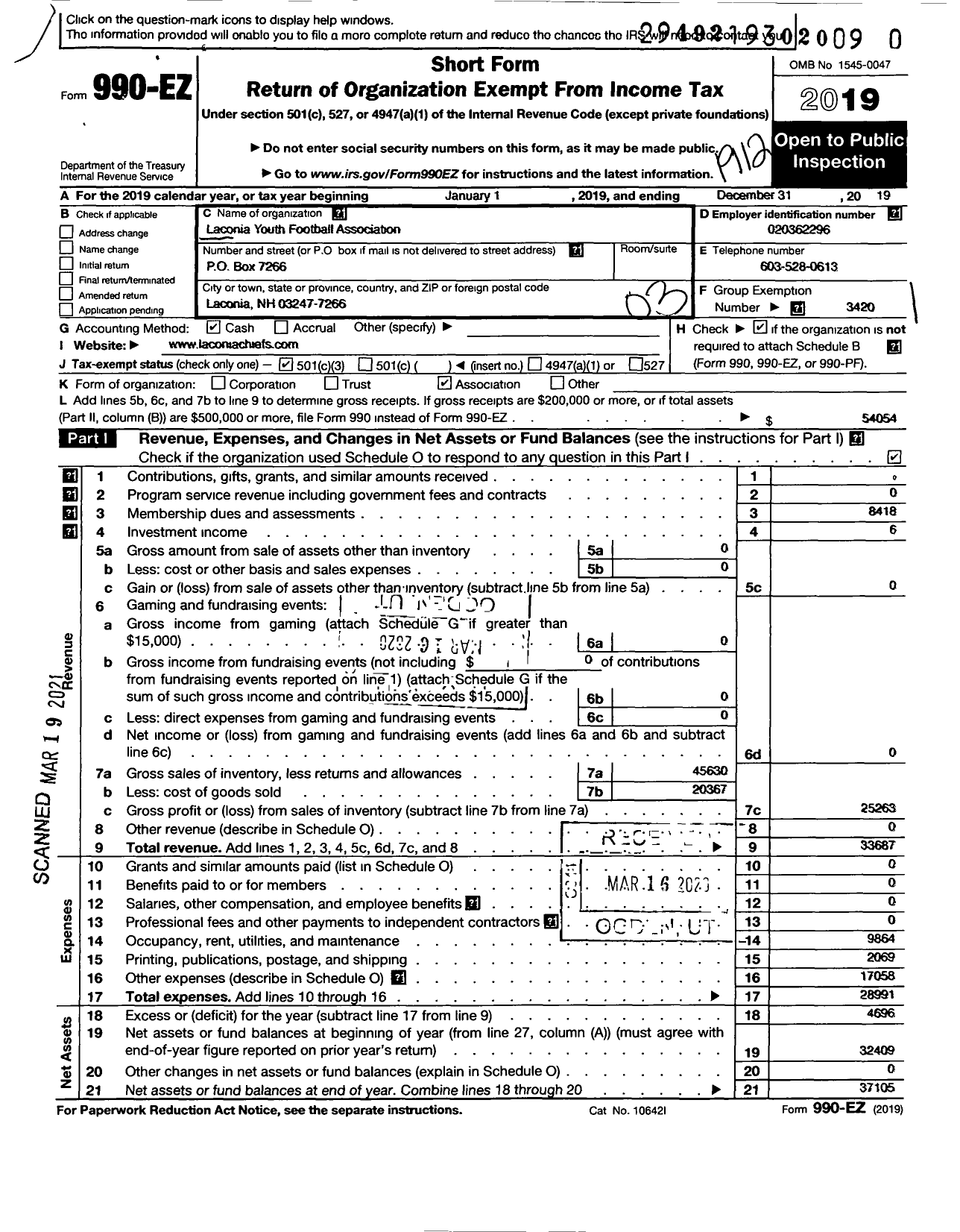 Image of first page of 2019 Form 990EZ for American Youth Football - Laconia Youth Football Association