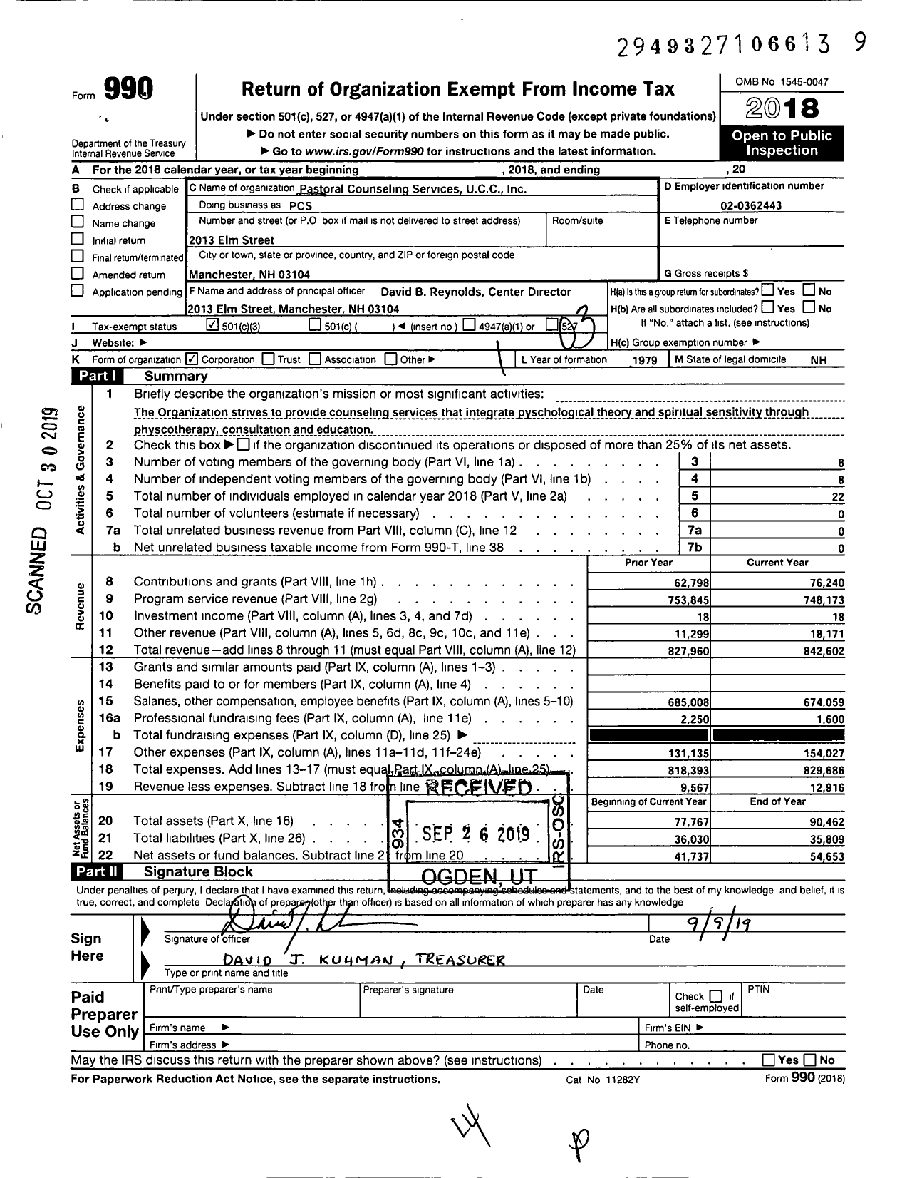 Image of first page of 2018 Form 990 for Pastoral Counseling Services Ucc (PCS)