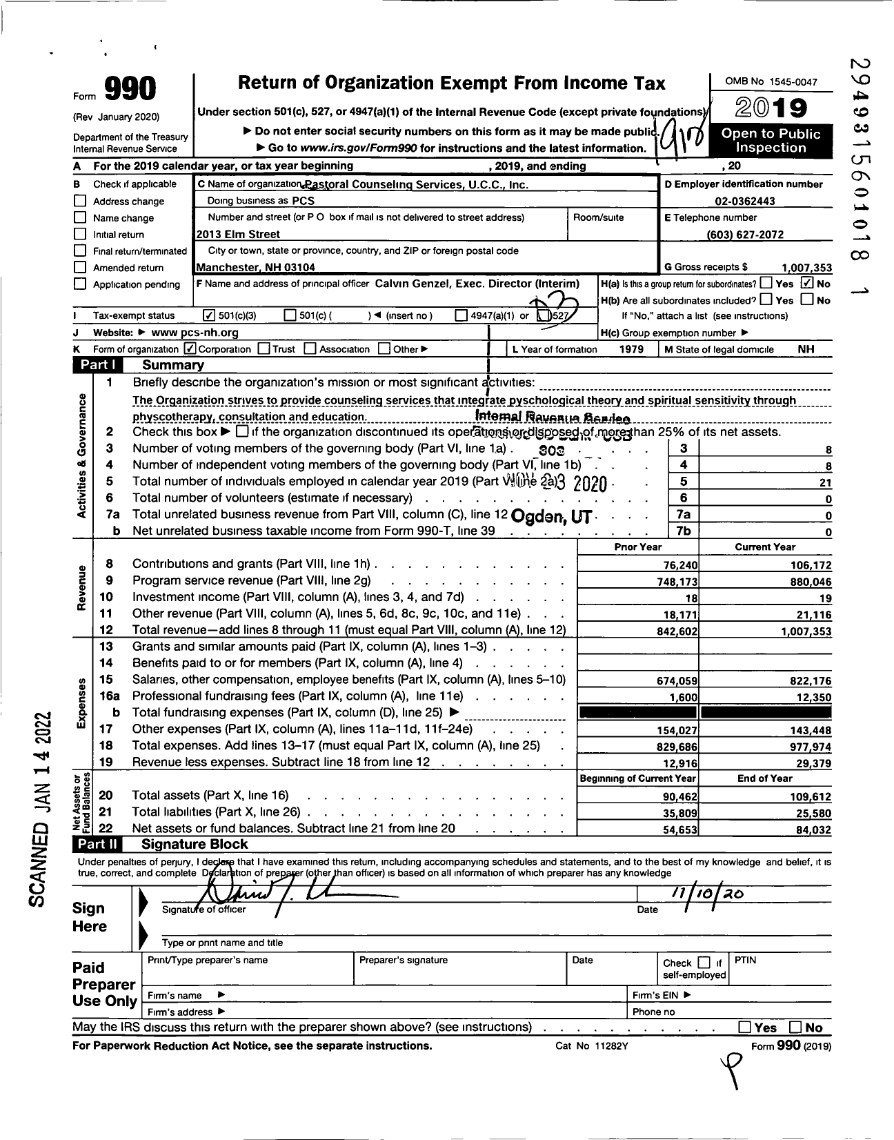 Image of first page of 2019 Form 990 for Pastoral Counseling Services Ucc (PCS)