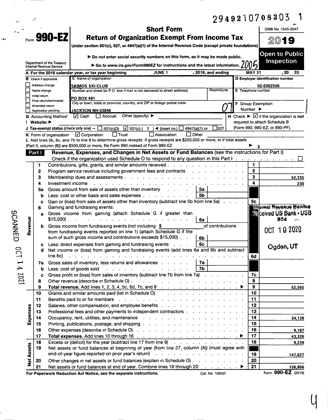 Image of first page of 2019 Form 990EO for S-Kimos Ski Club