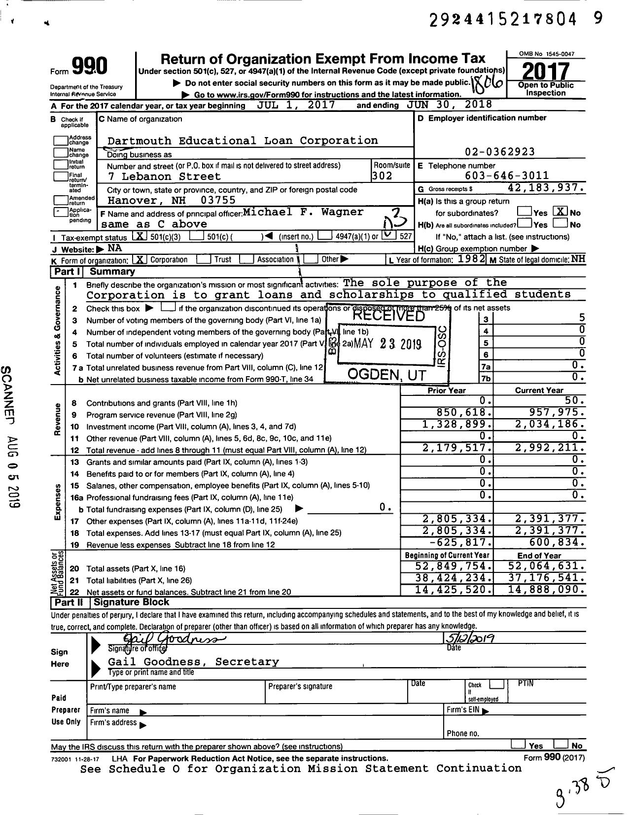 Image of first page of 2017 Form 990 for Dartmouth Educational Loan Corporation
