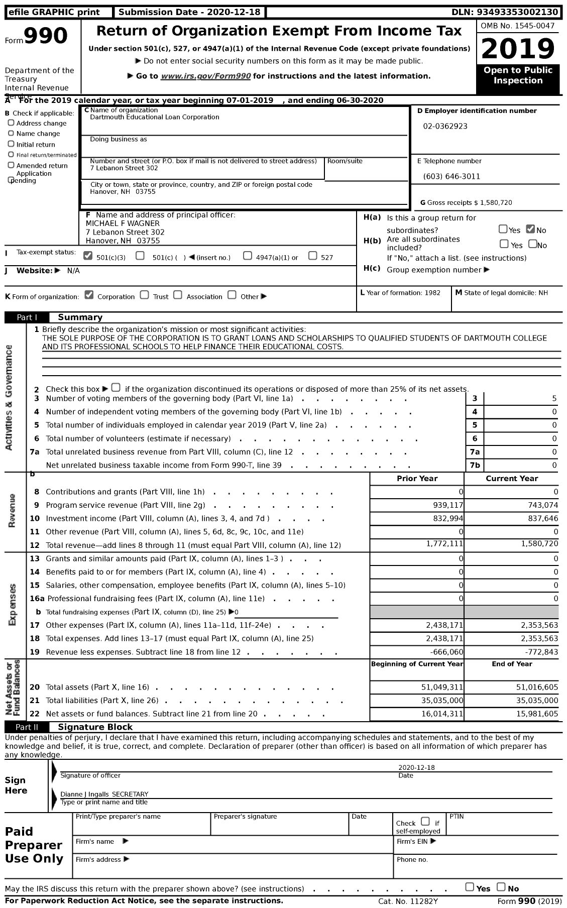 Image of first page of 2019 Form 990 for Dartmouth Educational Loan Corporation