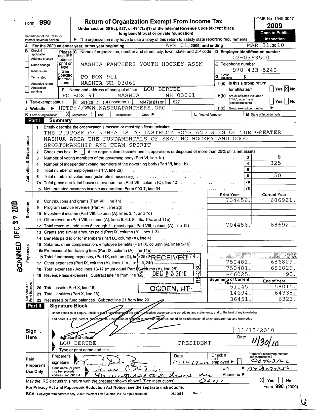 Image of first page of 2009 Form 990 for Nashua Panthers Youth Hockey Association