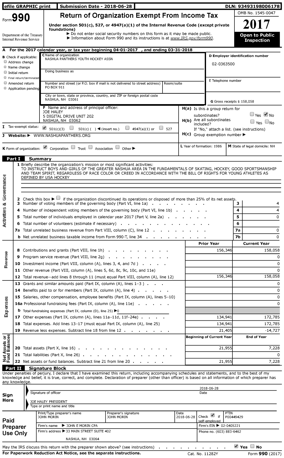 Image of first page of 2017 Form 990 for Nashua Panthers Youth Hockey Association