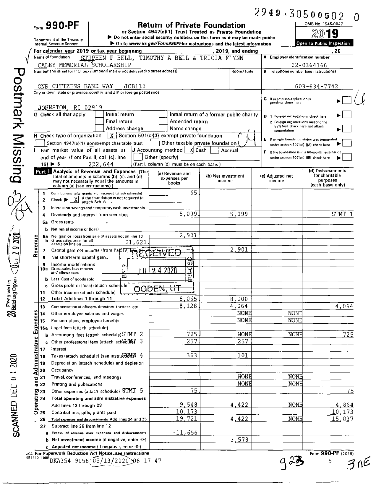 Image of first page of 2019 Form 990PF for Stephen P Bell Timothy A Bell and Tricia Flynn