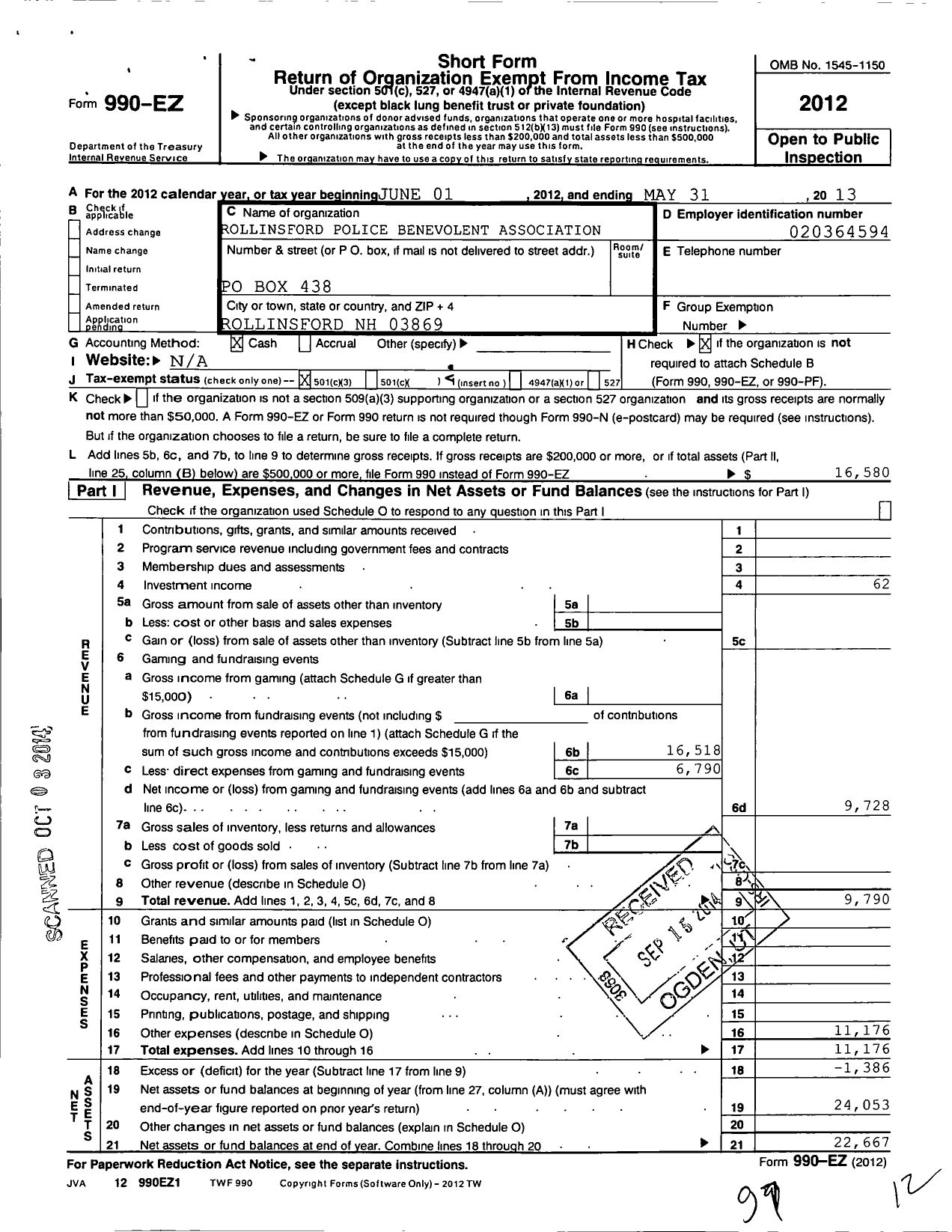 Image of first page of 2012 Form 990EZ for Rollinsford Police Benevolent Association