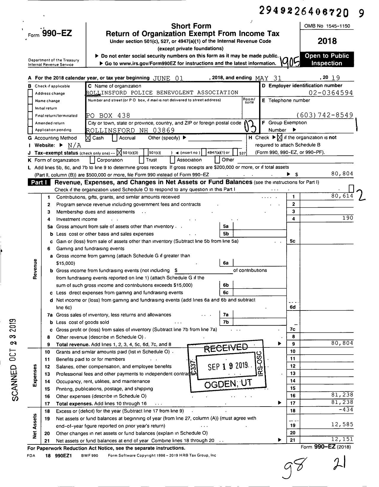 Image of first page of 2018 Form 990EZ for Rollinsford Police Benevolent Association