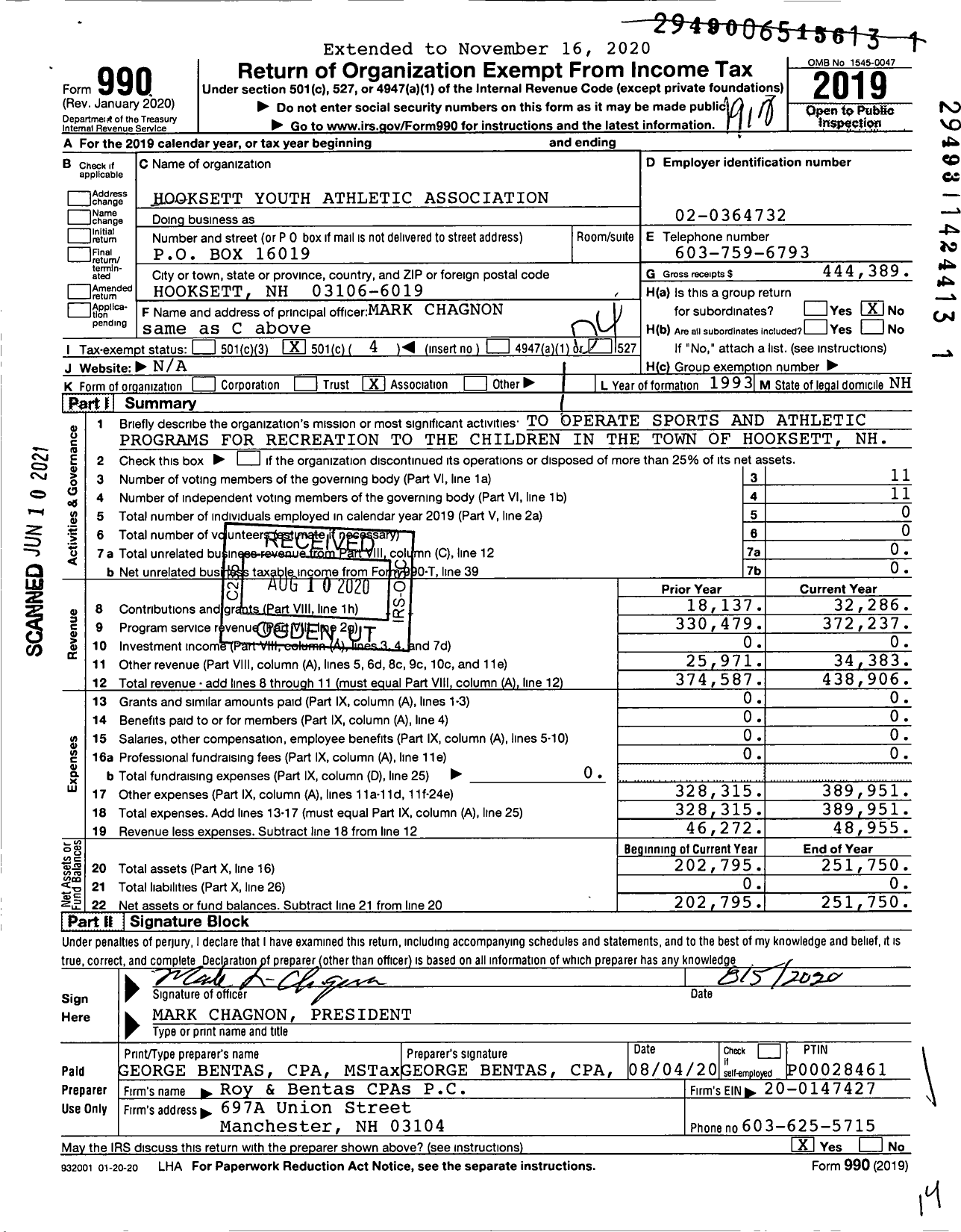 Image of first page of 2019 Form 990O for Hooksett Youth Athletic Association