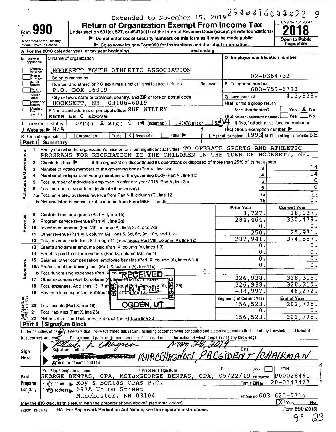 Image of first page of 2018 Form 990O for Hooksett Youth Athletic Association