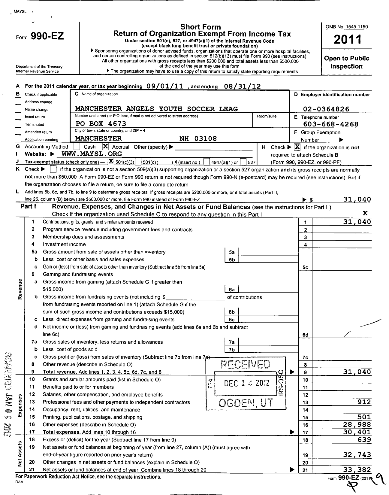 Image of first page of 2011 Form 990EZ for Manchester Angels Youth Soccer League