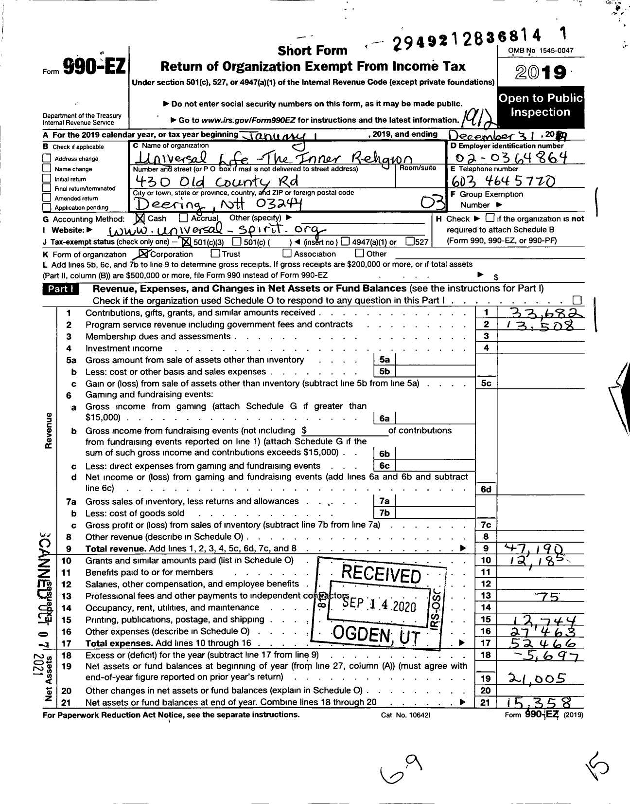 Image of first page of 2019 Form 990EZ for Universal Life-The Inner Religion