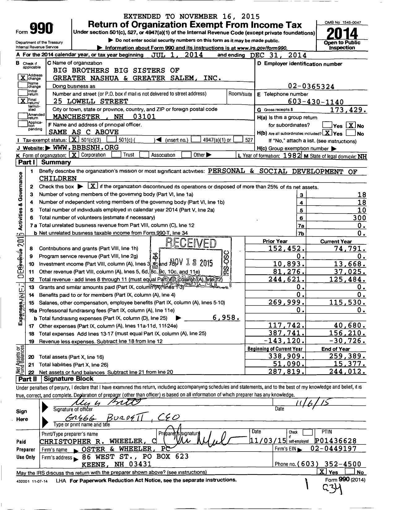 Image of first page of 2014 Form 990 for Big Brothers Big Sisters of Greater Nashua and Greater Salem