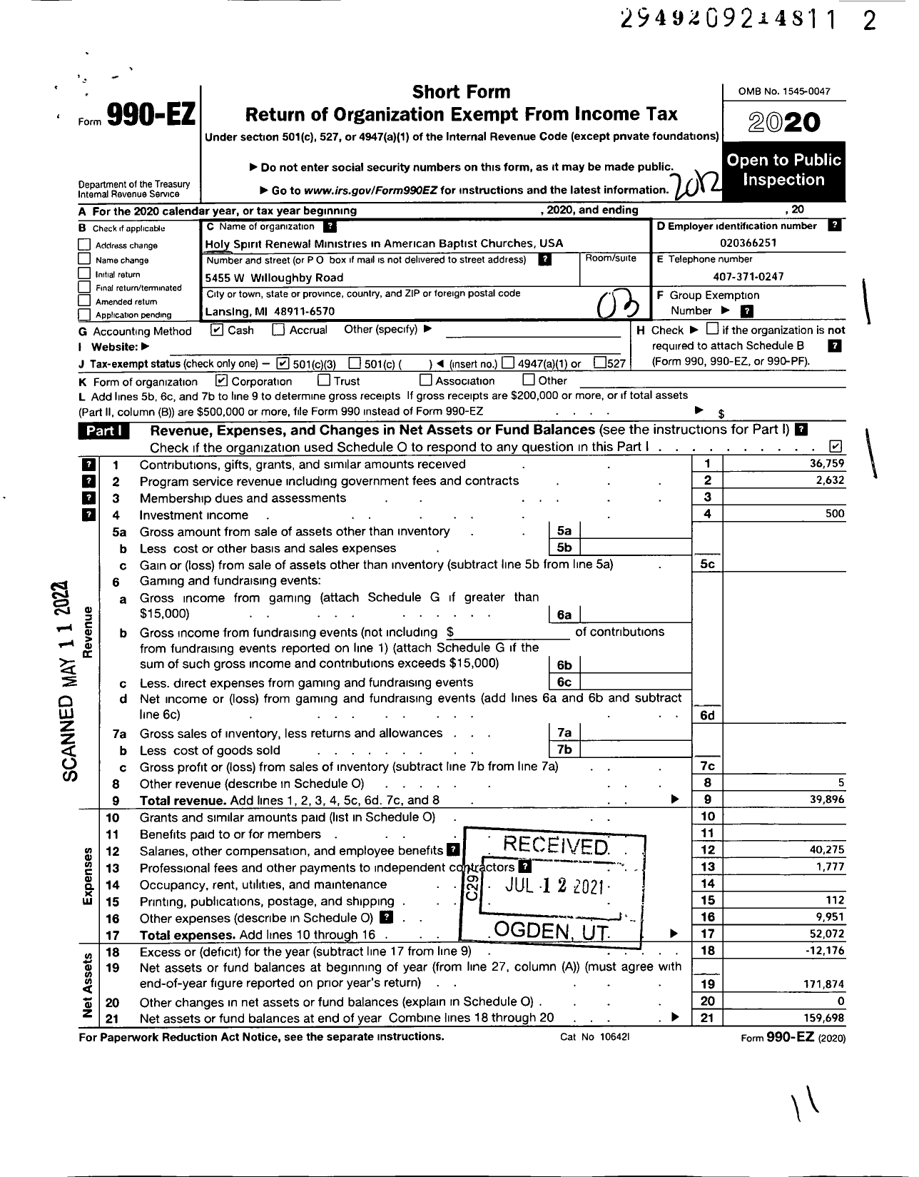 Image of first page of 2020 Form 990EZ for Holy Spirit Renewal Ministries in American Baptist Churches