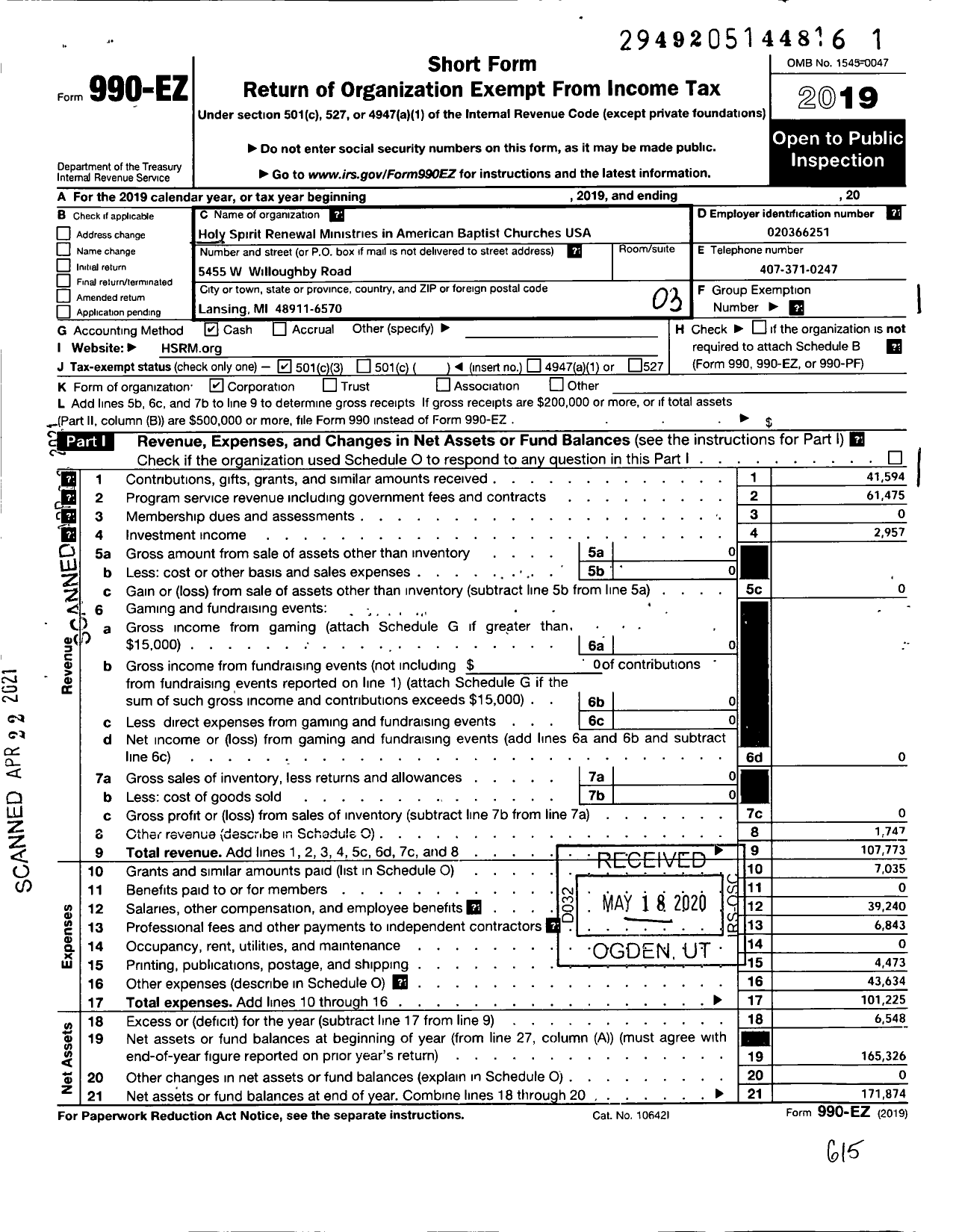 Image of first page of 2019 Form 990EZ for Holy Spirit Renewal Ministries in American Baptist Churches