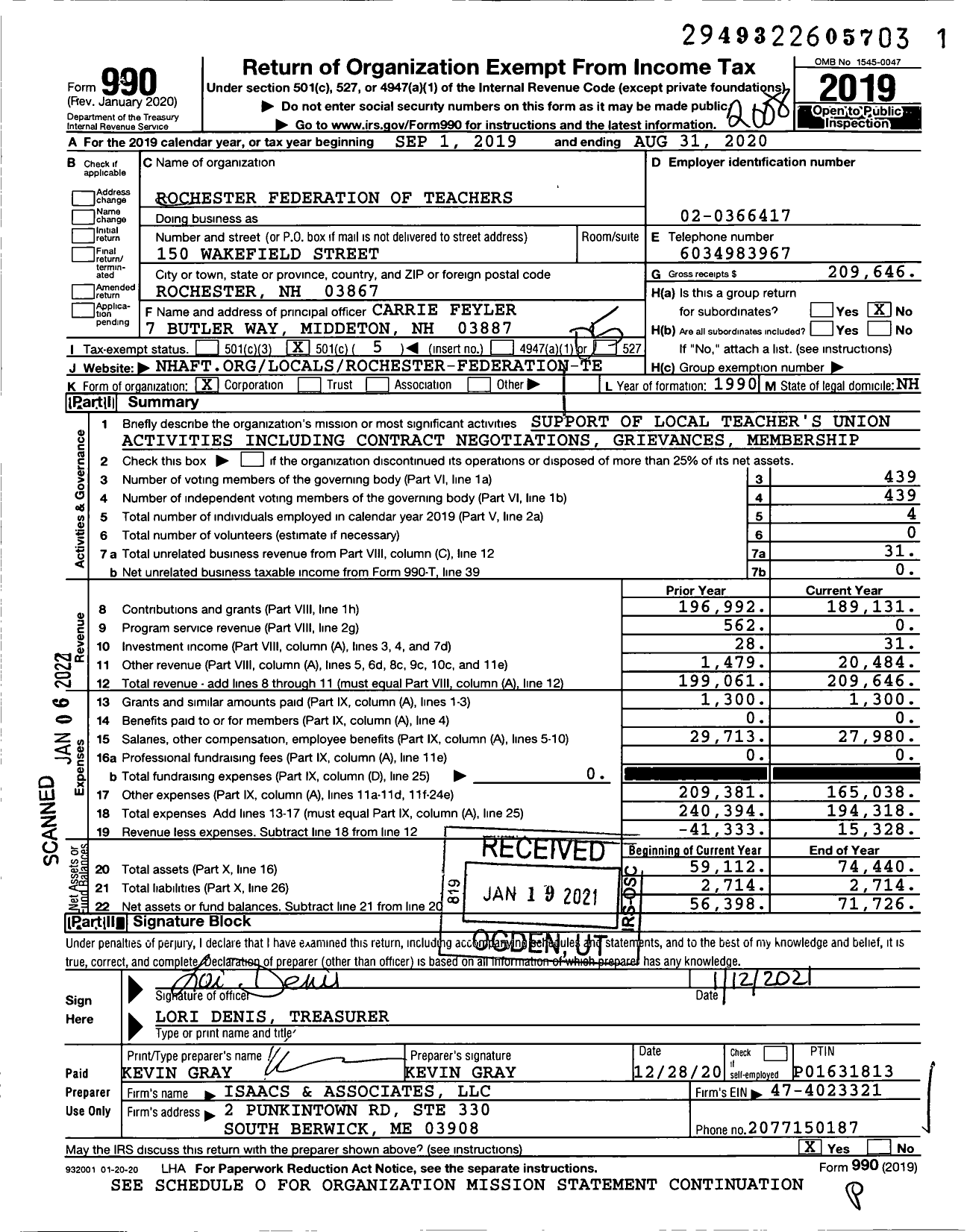 Image of first page of 2019 Form 990O for American Federation of Teachers - 3607 Rochester